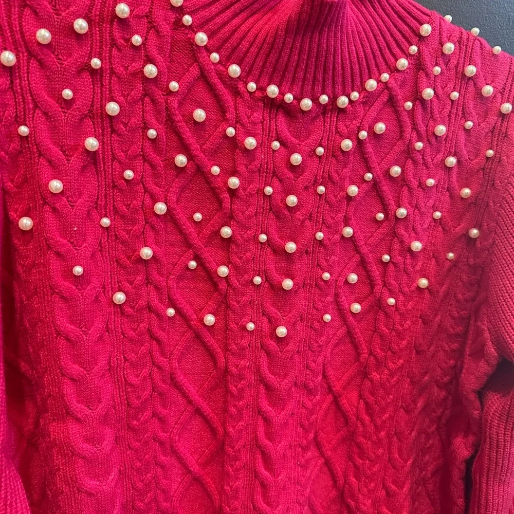 Hot Pink Mock Neck Sweater‎ with Pearl Accents | Medium | NWT - Picture 2 of 6
